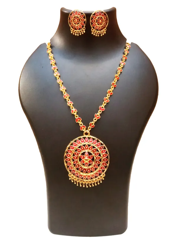 Assamese_Traditional_Gold_Plated_Red_Meenakari_Japi_Chain_Jewellery_Set_For_Women