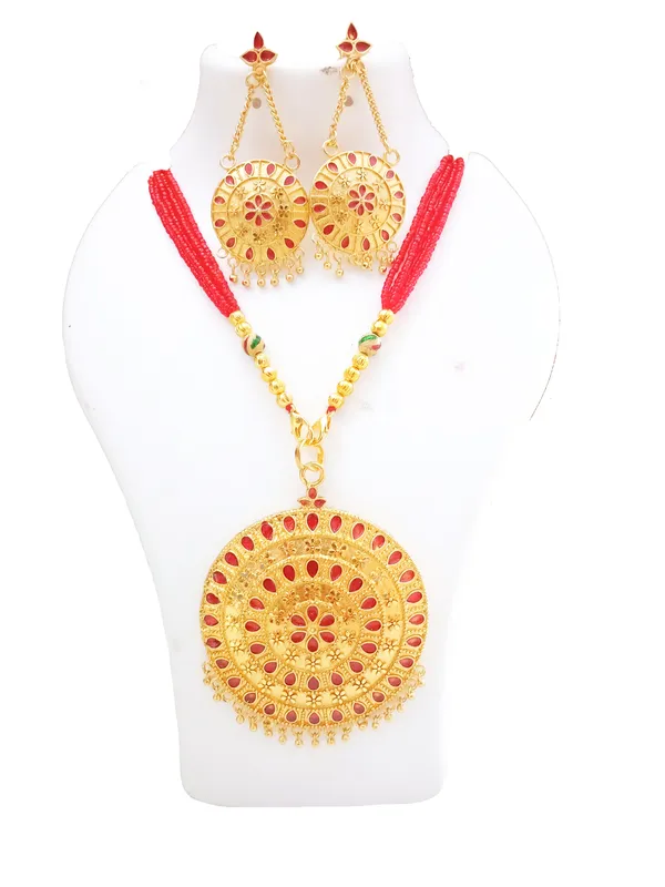 Assamese_Traditional_Gold_Plated_Red_Meenakari_Japi_Tassel_Jewellery_Set_For_Women