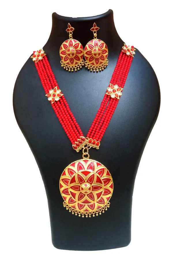 Assamese_Traditional_Gold_Plated_Red_Meenakari_Japi_Tassel_Jewellery_Set_For_Women