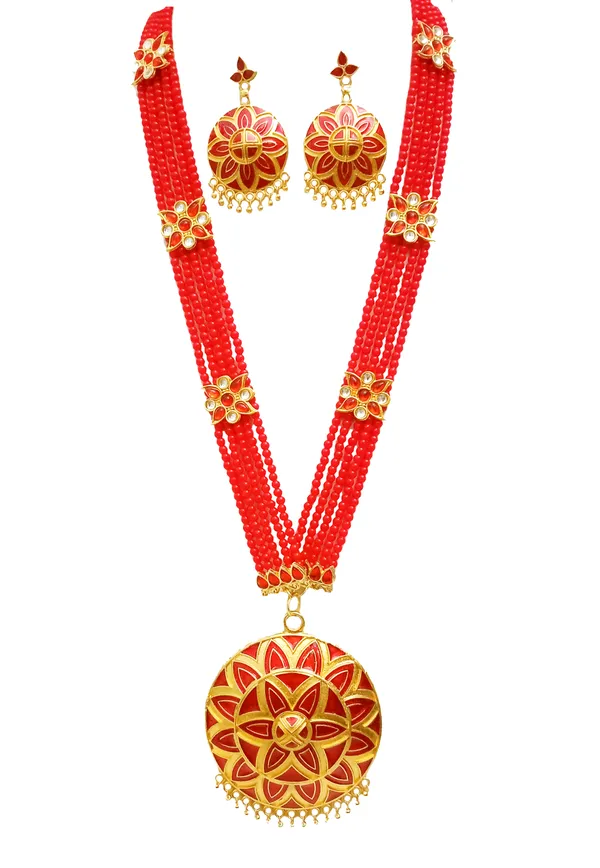 Assamese_Traditional_Gold_Plated_Red_Meenakari_Japi_Tassel_Jewellery_Set_For_Women