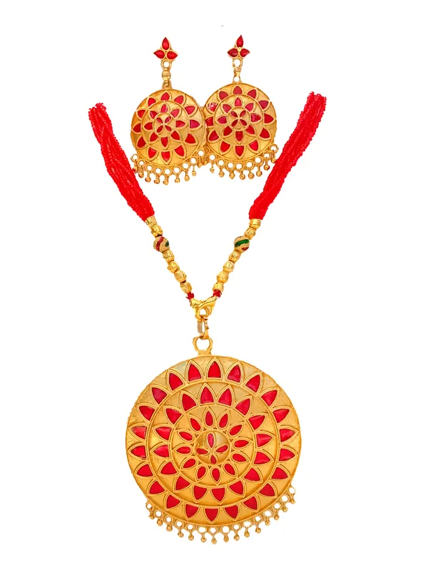 Assamese_Traditional_Gold_Plated_Red_Meenakari_Japi_Tassel_Jewellery_Set_For_Women