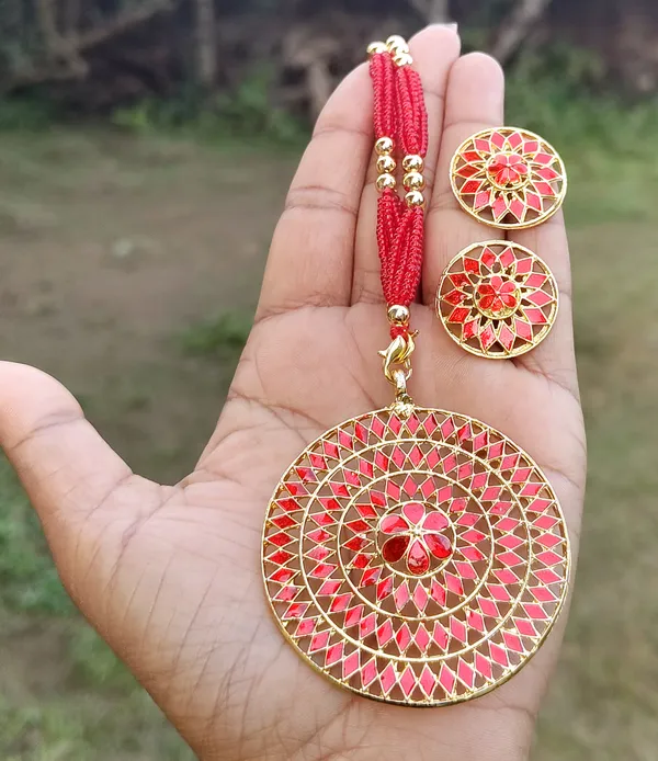 Assamese_Traditional_Gold_Plated_Red_Meenakari_Japi_Tassel_Jewellery_Set_For_Women_&_Girls