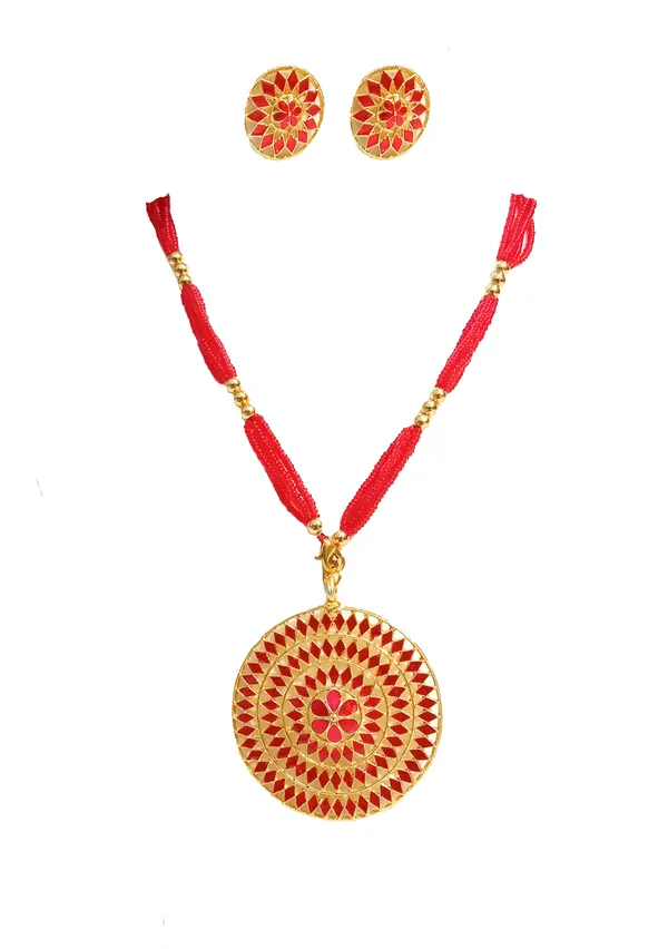 Assamese_Traditional_Gold_Plated_Red_Meenakari_Japi_Tassel_Jewellery_Set_For_Women_&_Girls