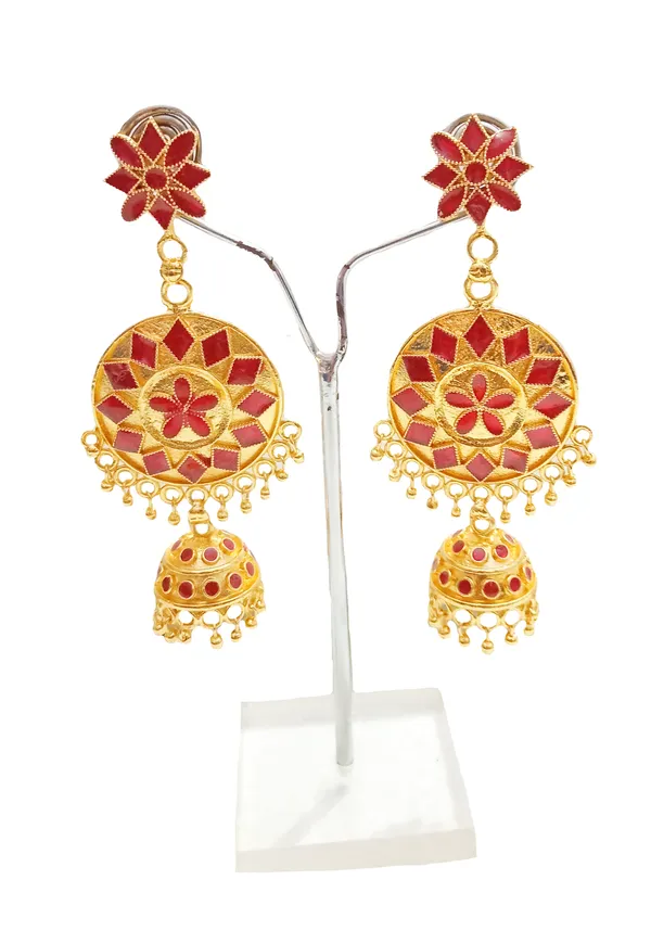 Assamese_Traditional_Copper_Gold_Plated_Red_Meenakari_Jhumka_Earring_Set
