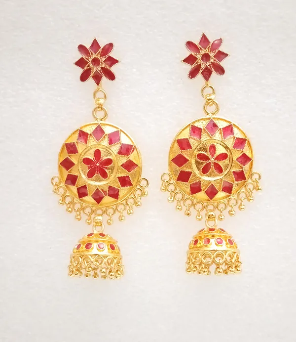 Assamese_Traditional_Copper_Gold_Plated_Red_Meenakari_Jhumka_Earring_Set