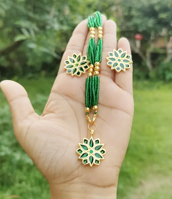 BG gold Assamese traditional Green Meenakari thuriya flower jewellery set Price in India Buy BG gold Assamese traditional Green Meenakari thuriya