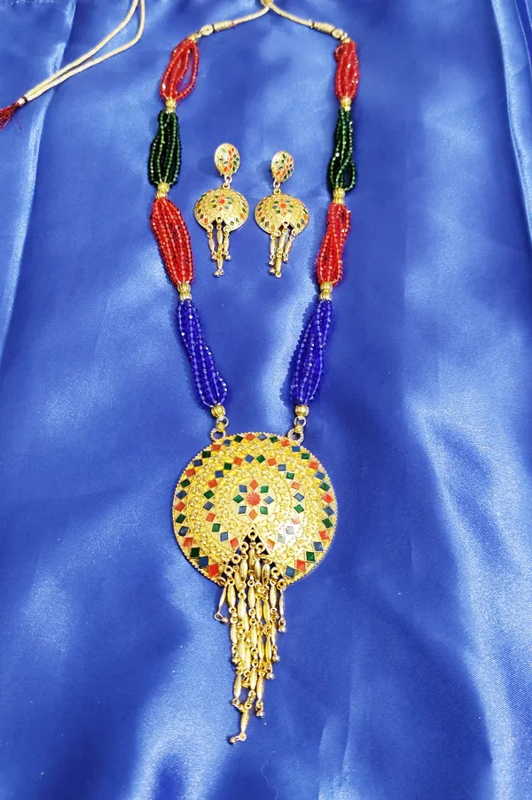 Copper_Based_Assamese_Traditional_Gold_Plated_Multi_Color_Meenakari_Japi_Tassel_Jewellery_Set_For_Women_&_Girls