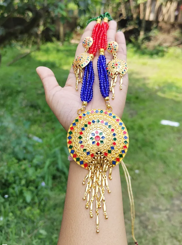Copper_Based_Assamese_Traditional_Gold_Plated_Multi_Color_Meenakari_Japi_Tassel_Jewellery_Set_For_Women_&_Girls