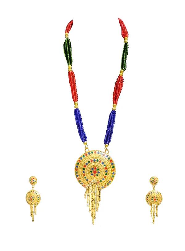 Copper_Based_Assamese_Traditional_Gold_Plated_Multi_Color_Meenakari_Japi_Tassel_Jewellery_Set_For_Women_&_Girls