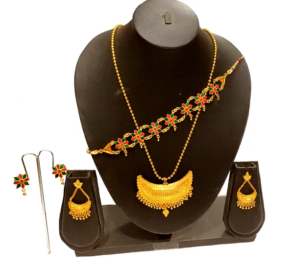 BG gold Assamese traditional gold plated Red Green junbiri set with golpata combo jewellery set girls women Price in India Buy BG gold Assamese