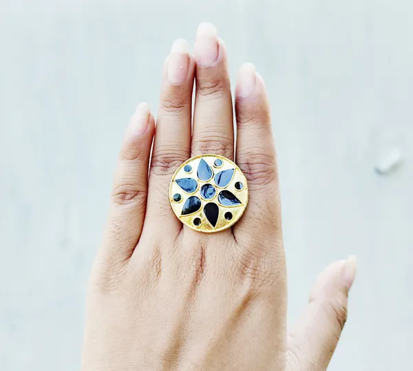 (Pack_Of_2)_Assamese_Traditional_Gold_Plated_Black_Meenakari_Japi_Design_Finger-Ring_For_Women_&_Girls