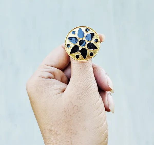 (Pack_Of_2)_Assamese_Traditional_Gold_Plated_Black_Meenakari_Japi_Design_Finger-Ring_For_Women_&_Girls