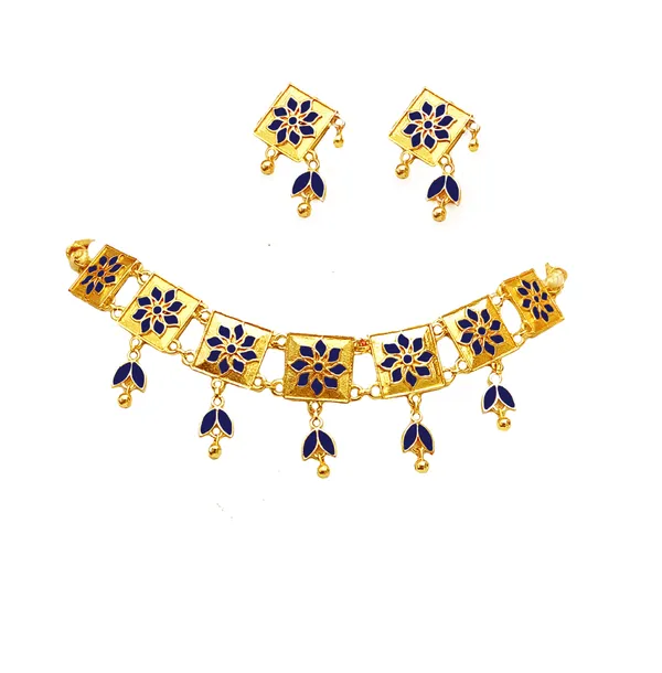 (Pack_Of_2)_Assamese_Traditional_Gold_Plated_Blue_Meenakari_Golpata_Necklace_Set_For_Women_&_Girls