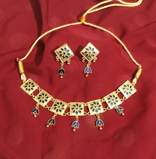 (Pack_Of_2)_Assamese_Traditional_Gold_Plated_Blue_Meenakari_Golpata_Necklace_Set_For_Women_&_Girls