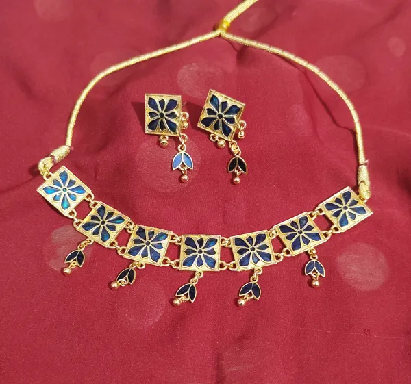 (Pack_Of_2)_Assamese_Traditional_Gold_Plated_Blue_Meenakari_Golpata_Necklace_Set_For_Women_&_Girls