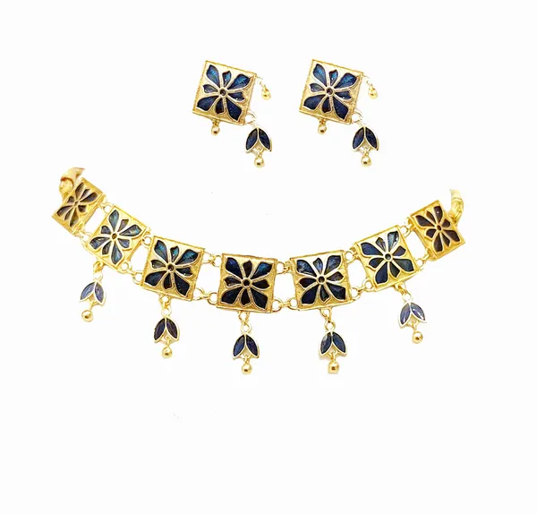 (Pack_Of_2)_Assamese_Traditional_Gold_Plated_Blue_Meenakari_Golpata_Necklace_Set_For_Women_&_Girls