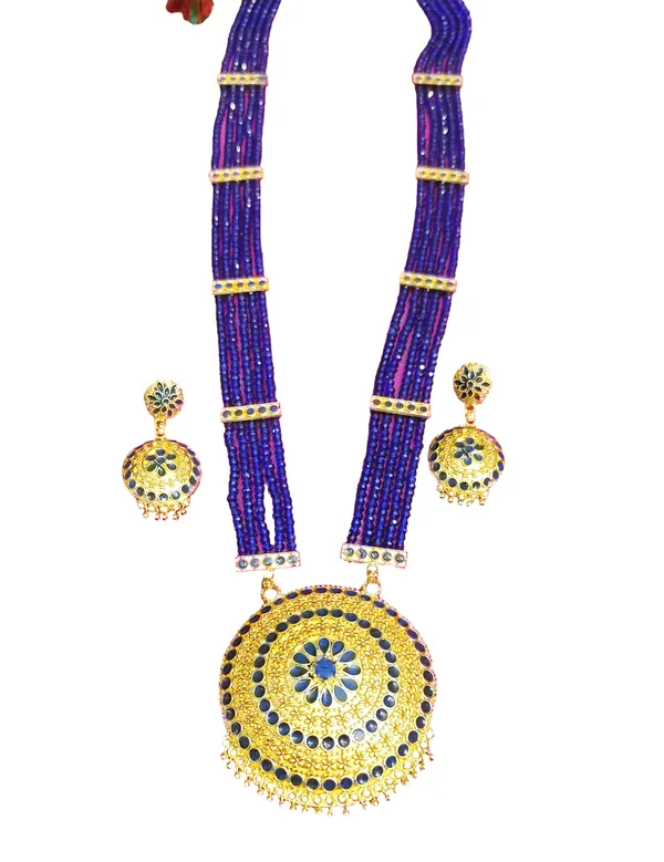Copper_Based_Assamese_Traditional_Gold_Plated_Blue_Meenakari_Japi_Tassel_Jewellery_Set_For_Women_&_Girls