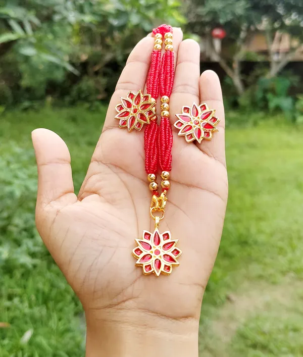 BG gold Assamese traditional red Meenakari thuriya flower jewellery set Price in India Buy BG gold Assamese traditional red Meenakari thuriya flower jewellery set online at undefined