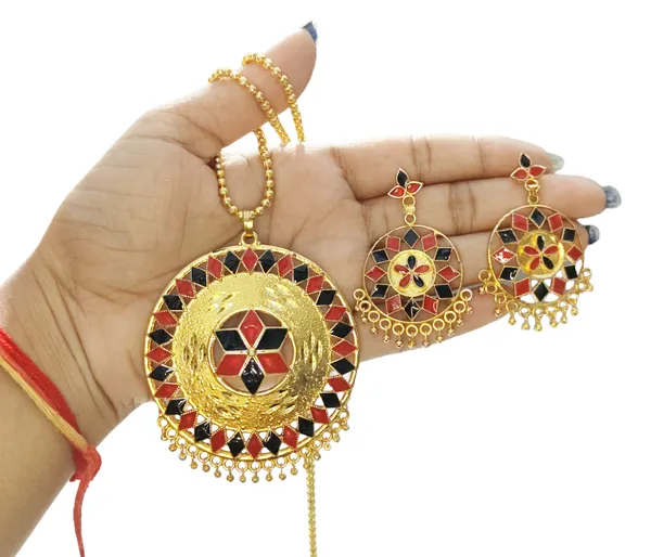 Assamese_Traditional_Red_Black_Meenakari_Japi_Jewellery_Set
