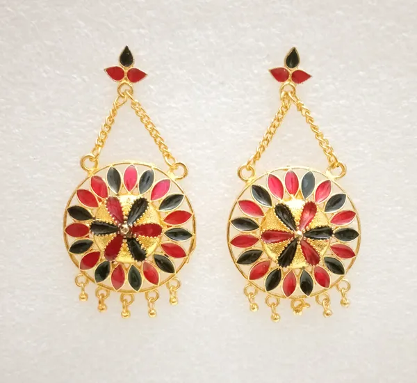 (Pack_Of_2)_Assamese_Traditional_Copper_Gold_Plated_Red_Black_Meenakari_Jhumka_Earring_Set