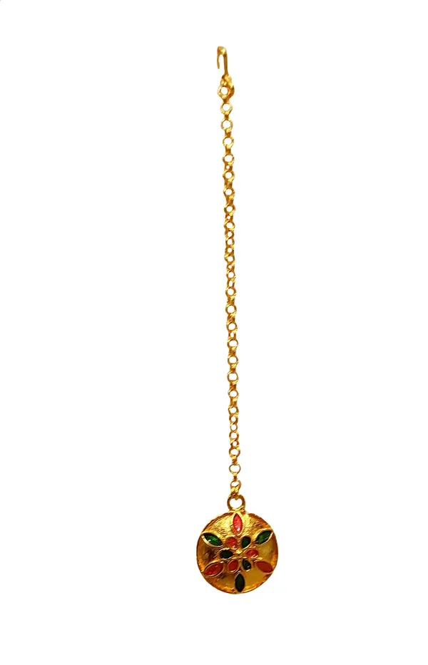 (Pack_Of_2)_Assamese_Traditional_Gold_Plated_Red_Green_Meenakari_Maang_Tikka_For_Women
