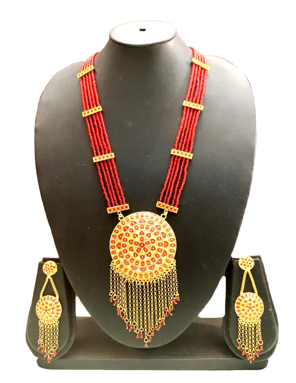 Assamese_Traditional_Gold_Plated_Red_Meenakari_Japi_Tassel_Jewellery_Set_For_Women_&_Girls