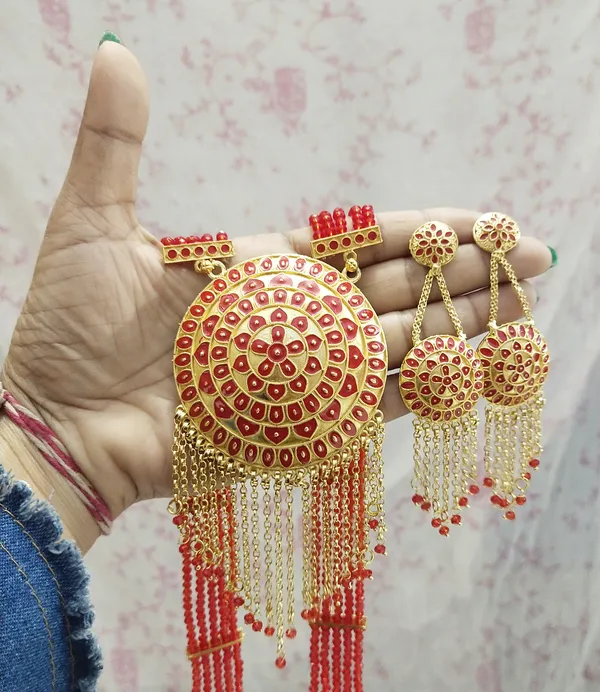 Assamese_Traditional_Gold_Plated_Red_Meenakari_Japi_Tassel_Jewellery_Set_For_Women_&_Girls