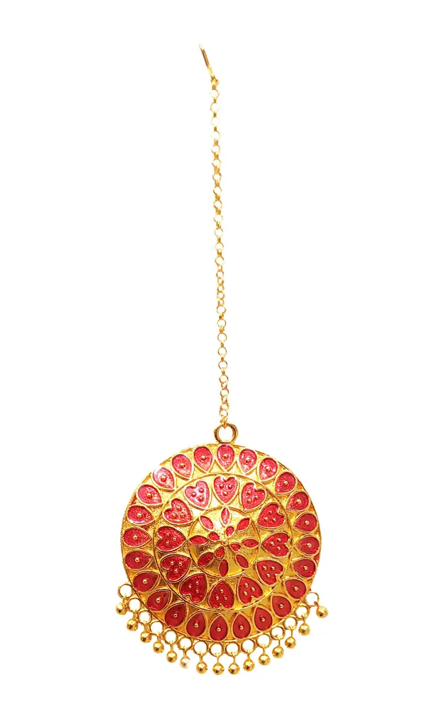 Assamese_Traditional_Gold_Plated_Red_Meenakari_Japi_Maang_Tikka_For_Women