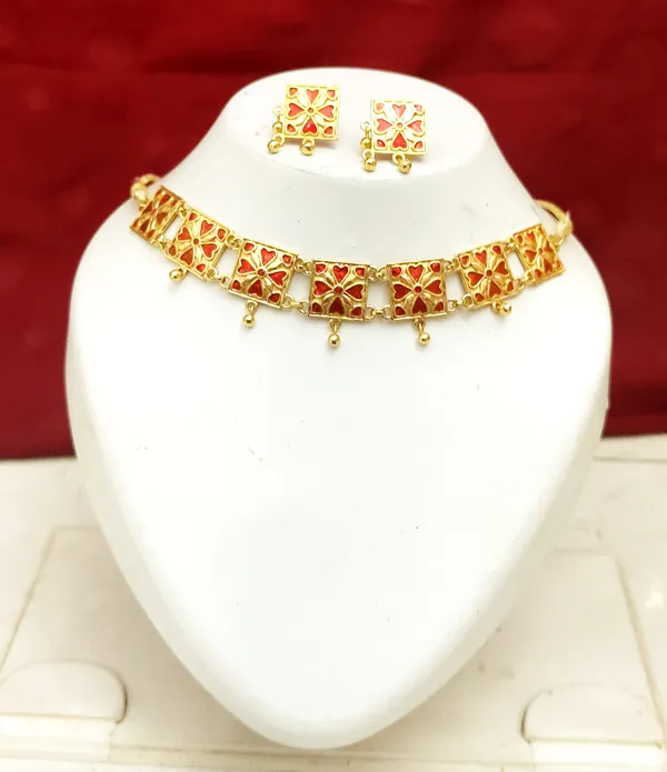 (Pack_Of_2)_Assamese_Traditional_Gold_Plated_Red_Meenakari_Golpata_Necklace_Set_For_Women_&_Girls