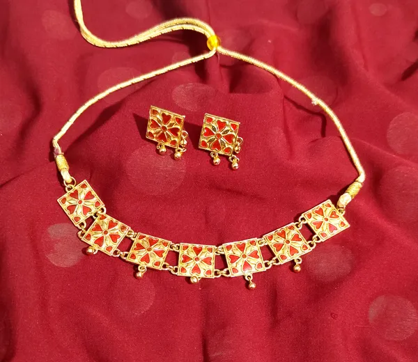 (Pack_Of_2)_Assamese_Traditional_Gold_Plated_Red_Meenakari_Golpata_Necklace_Set_For_Women_&_Girls