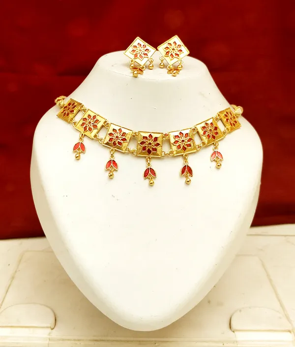 (Pack_Of_2)_Assamese_Traditional_Gold_Plated_Red_Meenakari_Golpata_Necklace_Set_For_Women_&_Girls