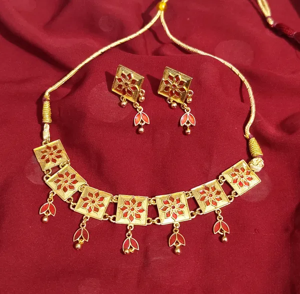 (Pack_Of_2)_Assamese_Traditional_Gold_Plated_Red_Meenakari_Golpata_Necklace_Set_For_Women_&_Girls