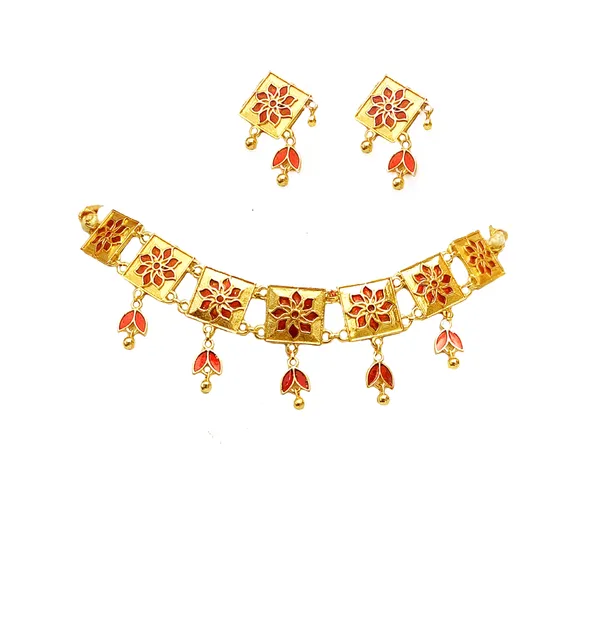 (Pack_Of_2)_Assamese_Traditional_Gold_Plated_Red_Meenakari_Golpata_Necklace_Set_For_Women_&_Girls