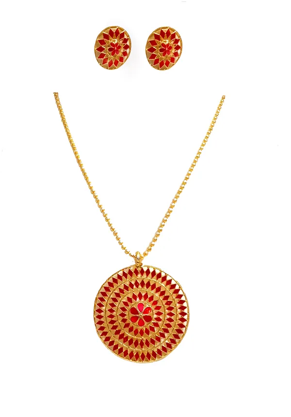 Assamese_Traditional_Gold_Plated_Red_Meenakari_Japi_Chain_Jewellery_Set_For_Women_&_Girls