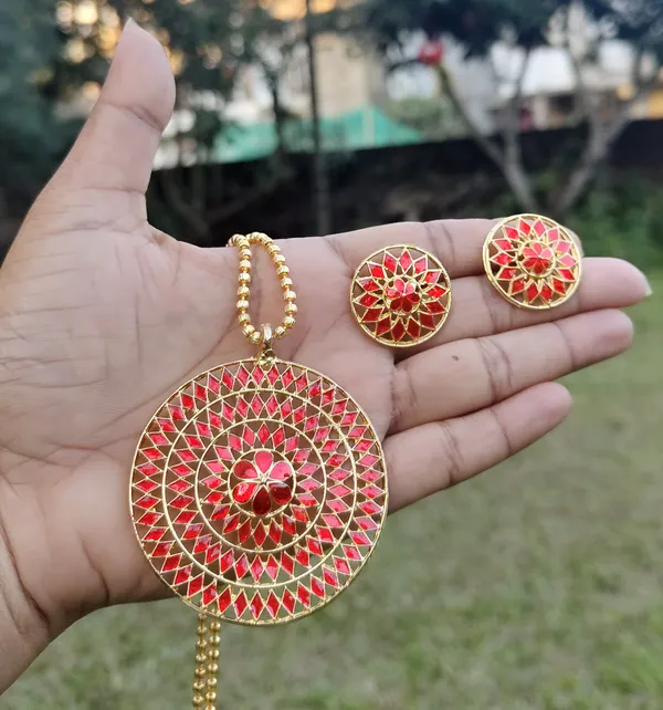 Assamese_Traditional_Gold_Plated_Red_Meenakari_Japi_Chain_Jewellery_Set_For_Women_&_Girls