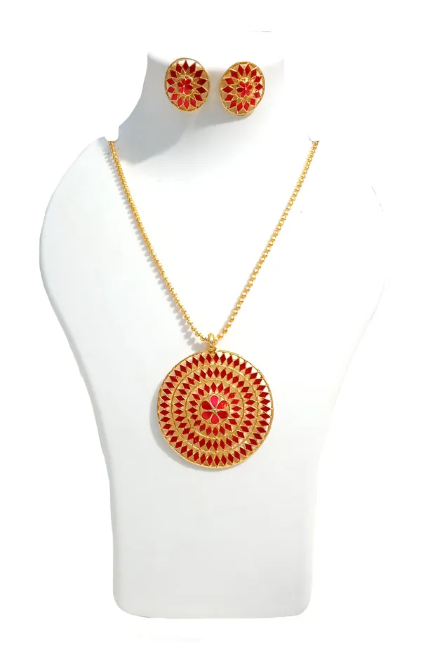 Assamese_Traditional_Gold_Plated_Red_Meenakari_Japi_Chain_Jewellery_Set_For_Women_&_Girls