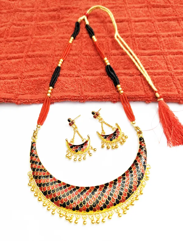 Assamese_Traditional_Gold_Plated_Red_Black_Meenakari_Junbiri_Tassel_Jewellery_Set