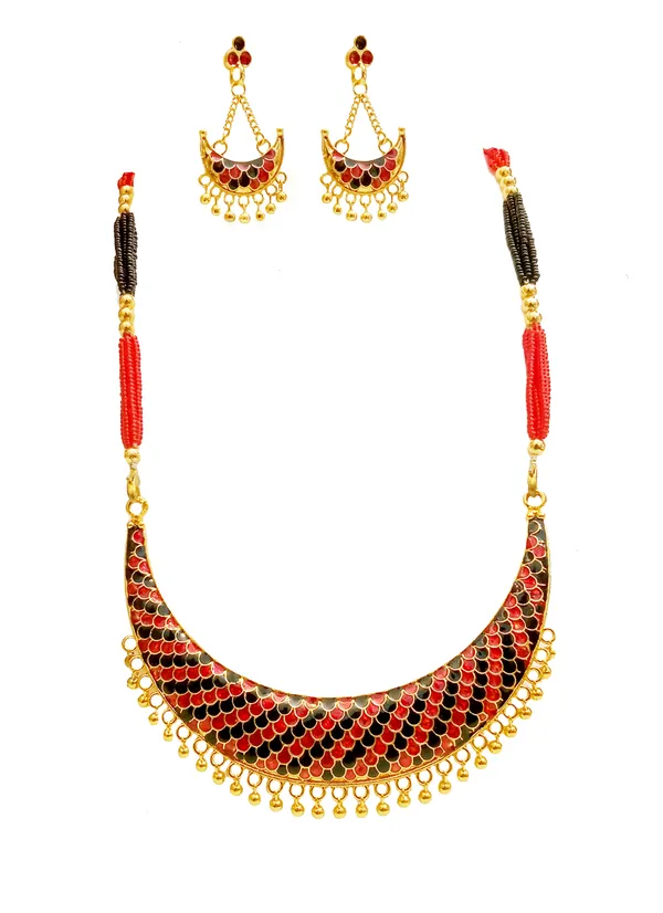 Assamese_Traditional_Gold_Plated_Red_Black_Meenakari_Junbiri_Tassel_Jewellery_Set