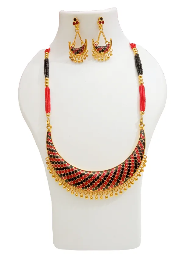 Assamese_Traditional_Gold_Plated_Red_Black_Meenakari_Junbiri_Tassel_Jewellery_Set