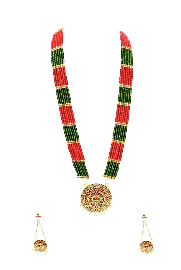 Assamese_Traditional_Gold_Plated_Red_Green_Colour_Japi_Tassel_Jewellery_Set_For_Women