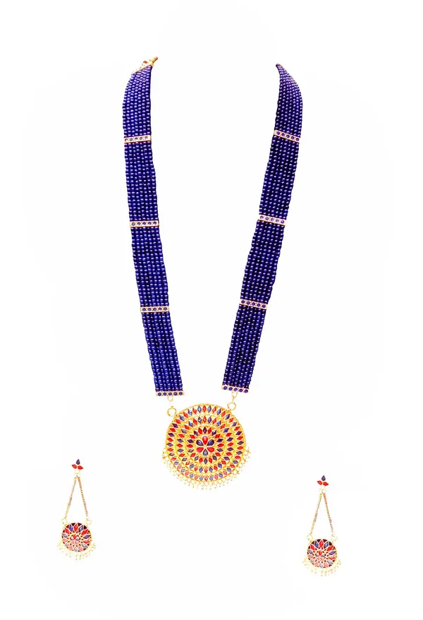 Assamese_Traditional_Gold_Plated_Red_Blue_Minakari_Japi_Tassel_Jewellery_Set_For_Women