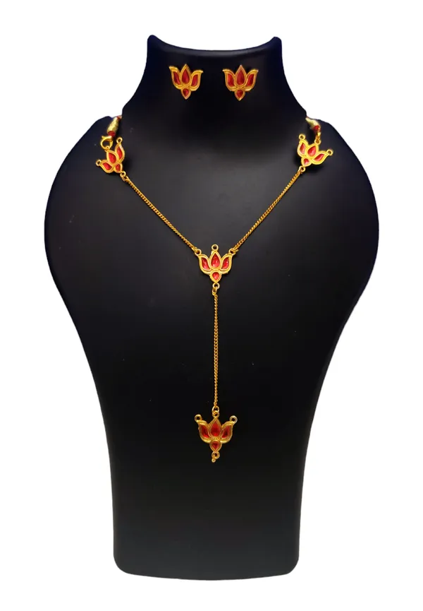 Copper_Based_Assamese_Traditional_Micro_Gold_Plated_Red_Meenakari_Louts_Necklace_Set_For_Women_&_Girls