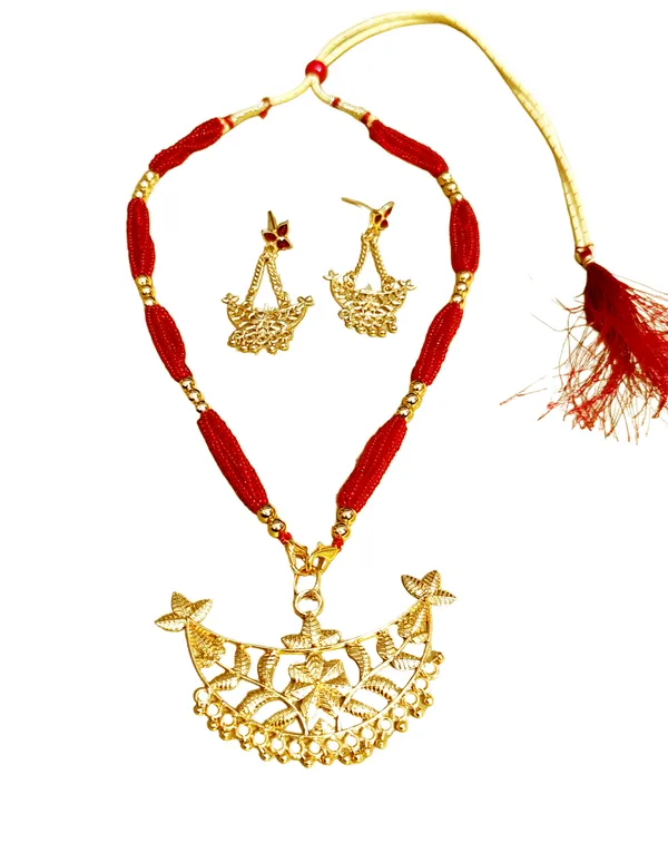 Assamese_Traditional_Gold_Plated_With_Red_Tassel_Junbiri_Jewellery_Set_For_Women_&_Girls
