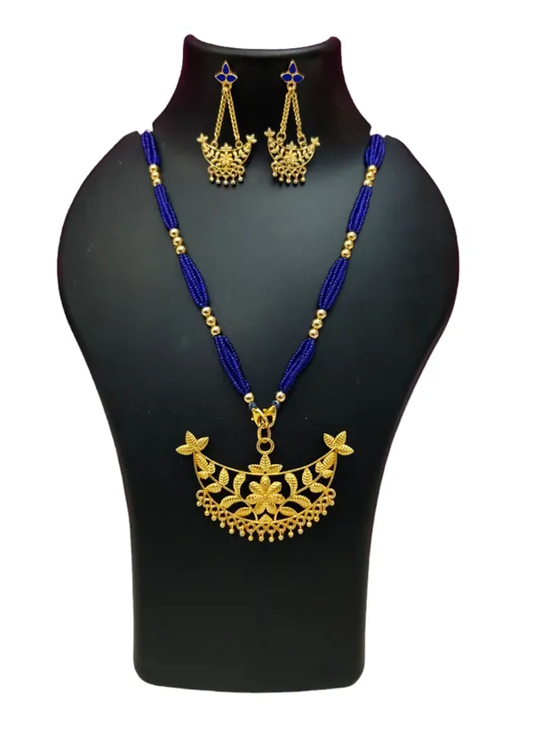 Assamese_Traditional_Gold_Plated_With_Blue_Color_Tassel_Junbiri_Jewellery_Set_For_Women_&_Girls