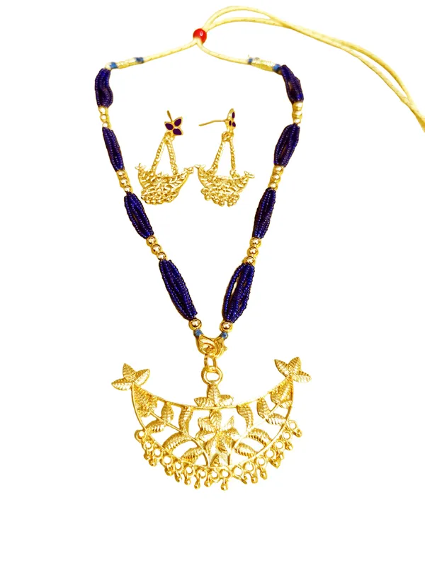 Assamese_Traditional_Gold_Plated_With_Blue_Color_Tassel_Junbiri_Jewellery_Set_For_Women_&_Girls