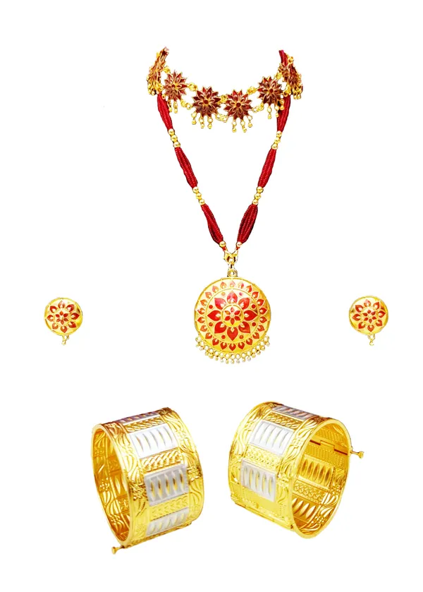 Copper_Based_Assamese_Traditional_Red_Meenakari_Bridal_Combo_Jewellery_Set