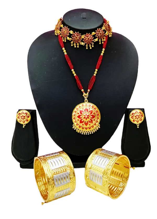 Copper_Based_Assamese_Traditional_Red_Meenakari_Bridal_Combo_Jewellery_Set