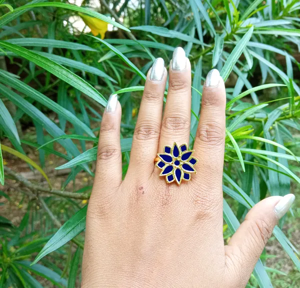 Assamese_Traditional_Copper_Gold_Plated_Blue_Colour_Finger-Ring_For_Girls_&_Women