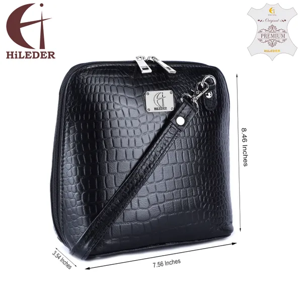 HiLEDER_Genuine_Leather_Crossbody_Sling_Messenger_Slim_Shoulder_Purse_Satchel_Textured_Bag_for_Women_&_Girl_With_Zipper_Closure_|_Medium_Size_|Black