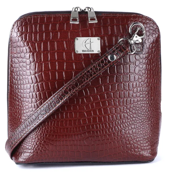 HiLEDER_Genuine_Leather_Crossbody_Sling_Messenger_Slim_Shoulder_Purse_Satchel_Textured_Bag_for_Women_&_Girl_With_Zipper_Closure_|_Medium_Size_|Brown